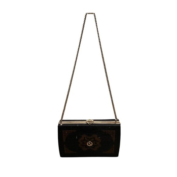 Handcrafted Women’s Black & Brown Chain Strap Woven Pattern Hardcase Clutch Bag - Picture 1 of 10